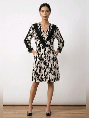 CAbi Black and Cream Abstract Wrap Midi Dress